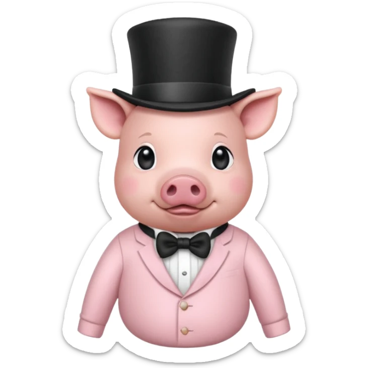 Pig wearing a long sleeve tshirt, baby pink, with the print ’suiade’ and a top hat sticker