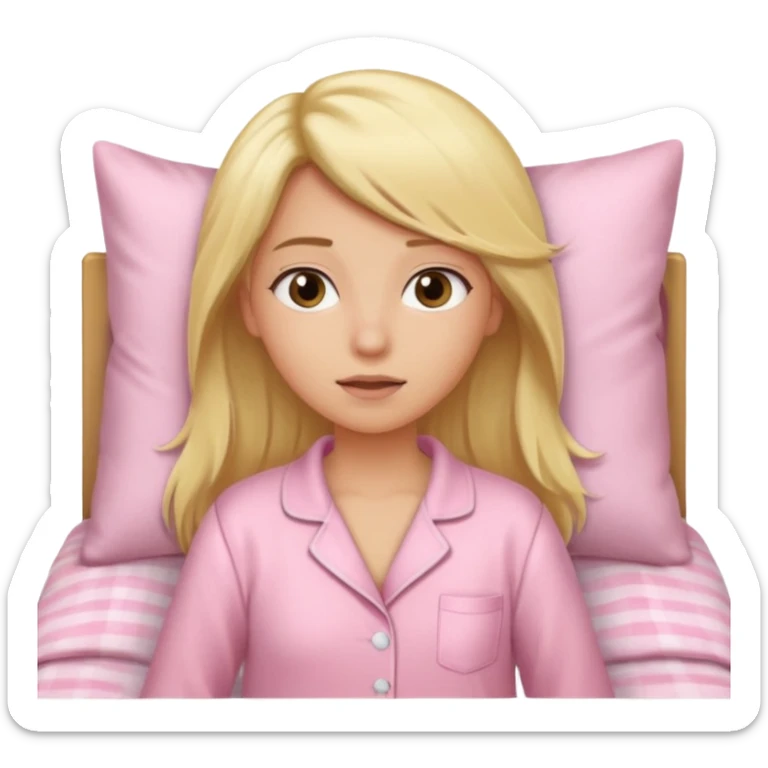 A girl in a light pink pajama wakes up in bed, her hair long, blonde, and straight. sticker