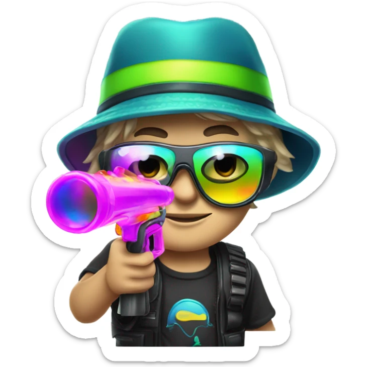 Caucasian boy in glowing rave gear with sunglasses and mask and hat and shooting a bubble gun sticker