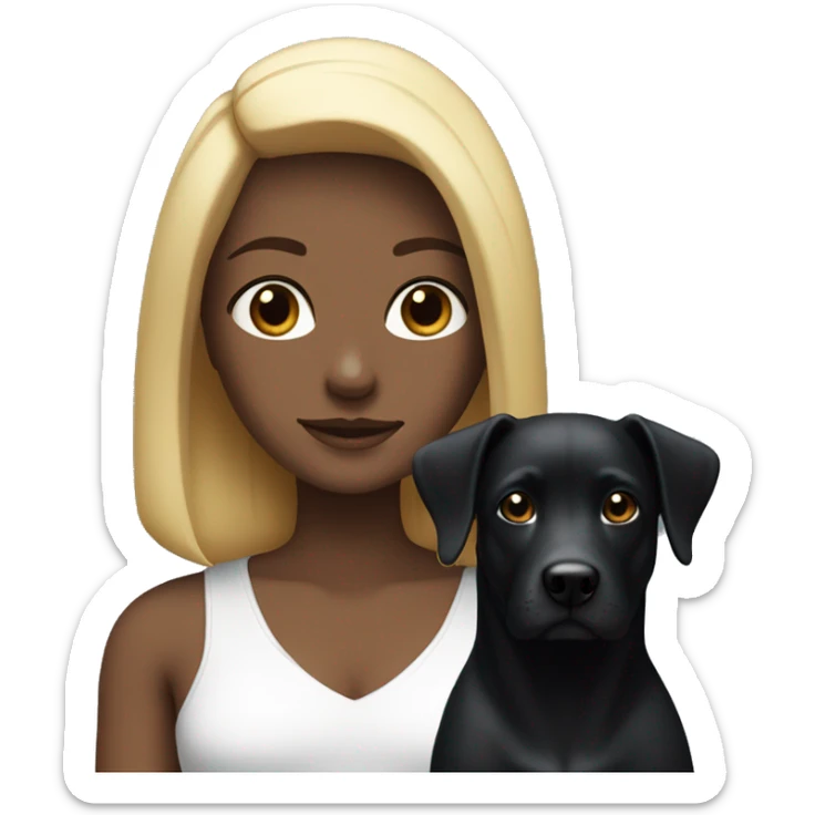 A girl with straight blond hair with a black dog with white breasts sticker