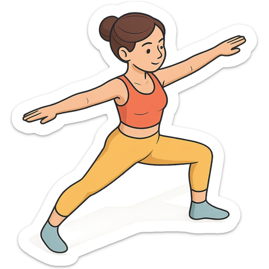 girl in cute yoga outfit performing warrior II pose (Virabhadrasana II), 2D isometric style, very detailed facial features, elongated body, many shadows and highlights, clean contours, soft lighting, transparent background sticker