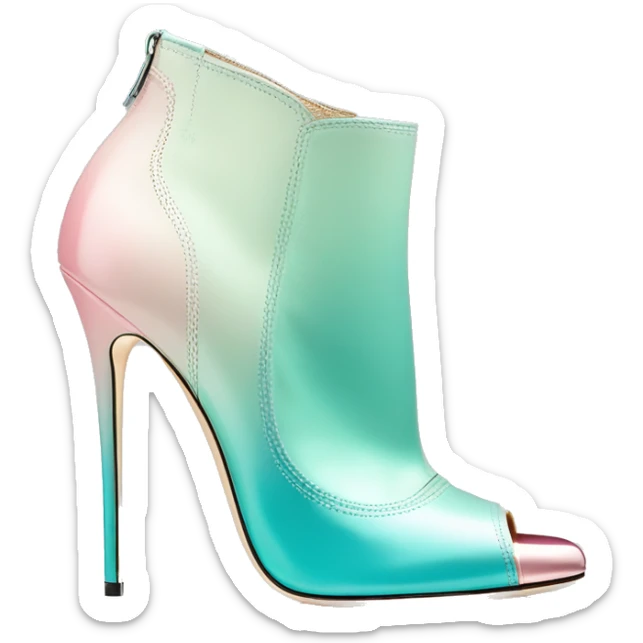 Realistic isolated top front view of a pair of metalliic tiffany blue to pastel pink ombre Jimmy Choo peep toe stiletto ankle booties. sticker