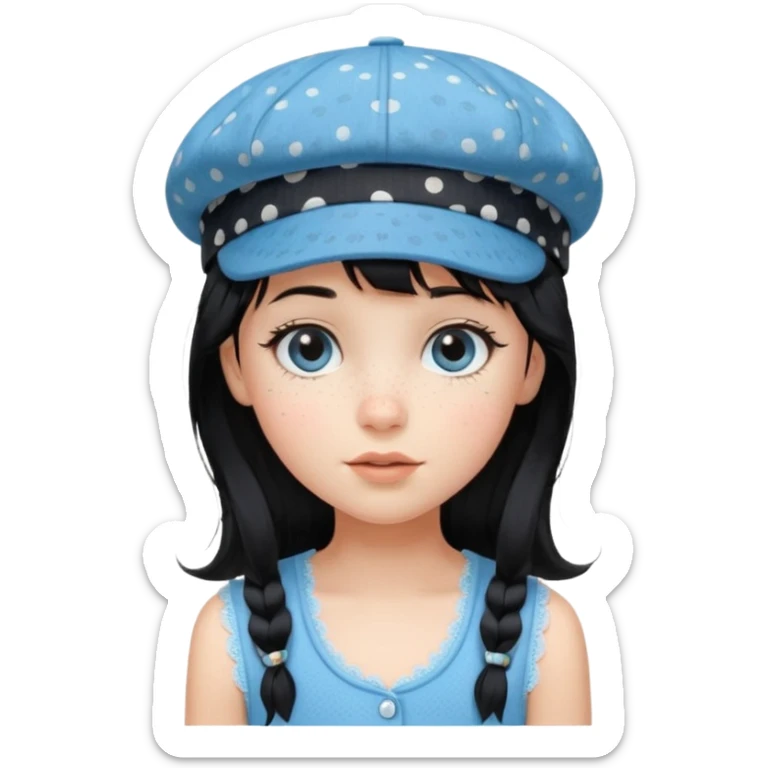 pinterst girl with heavy bang, black long hair and black pica dot newsboy cap on her hat, wearing baby blue color lace sleeveless  sticker