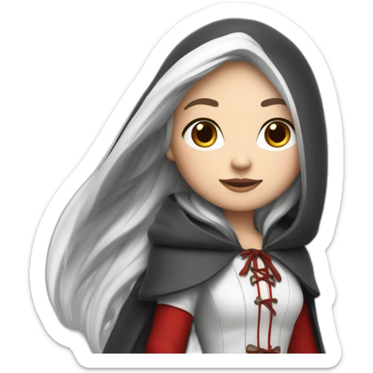 White girl long straight black hair with white streak hair and red ridding hood sticker