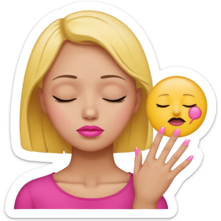 Yellow circle emoji exasperated and drumming fingers up the side of their head the eye is closed it is a side profile pink lipstick and pink nails ot is a side profile no hair sticker