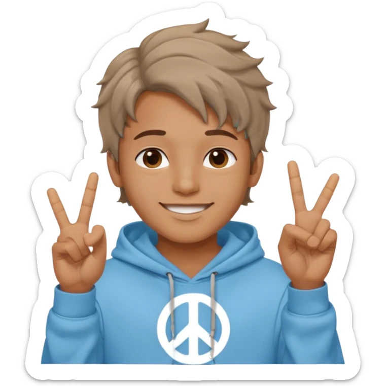 An indian boy in a light blue hoodie with wavy flow hairstyle showing peace sign sticker