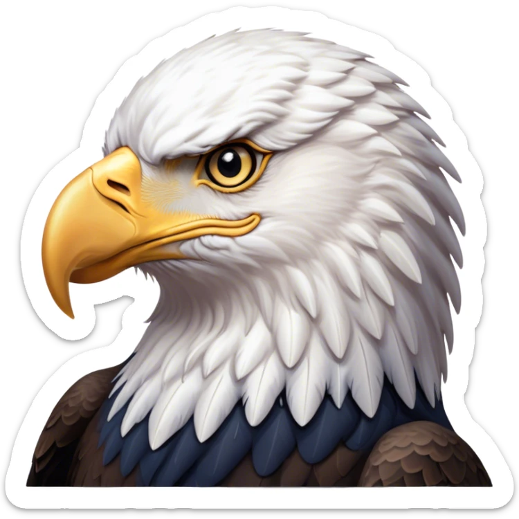 Cinematic Noble American Eagle Portrait Emoji, Poised and regal, with a powerful, broad build, a distinctive white-headed silhouette contrasting a dark, formidable body, and piercing, intense eyes, Simplified yet sharp and sophisticated features, highly detailed, glowing with a soft, majestic radiance, high shine, intelligent and commanding, stylized with an air of national pride, focused and vigilant, soft glowing outline, capturing the essence of a watchful and confident American eagle that appears ready to soar out of the screen with effortless authority! sticker