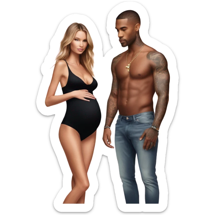Photo of a Victoria secret model pregnant Standing next to a tattooed male model  sticker