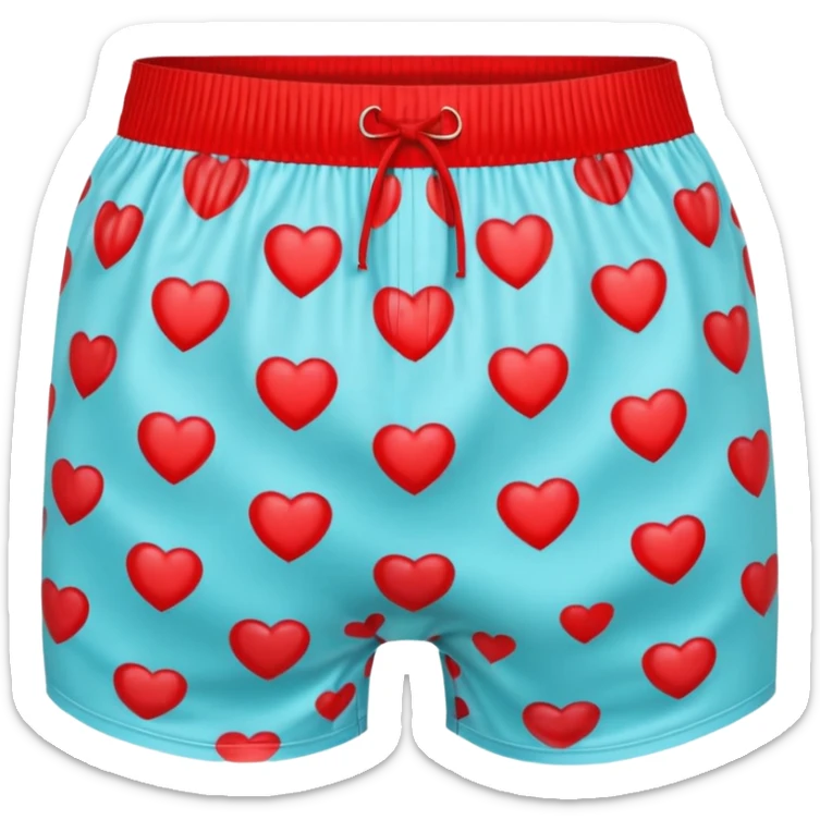 A 3D emoji of men’s boxer shorts in Apple style, decorated with bright red heart patterns. The shorts have a playful, fun design with an elastic waistband, glossy and smooth texture. Clean Apple-style rendering, isolated on white background.







 sticker
