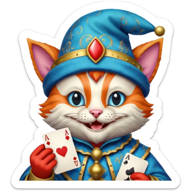 crazy colorful cute little cat jolly joker from poker, medieval, vintage, court jester, mac os icon, blue color, holds an ace poker card (clearly detailed and precise) sticker