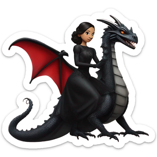 Lavish Victorian evening gown with gloves, Jenna Ortega as Addams Jedi wearing a mini tiara, riding on the back of a very large blood red evil-looking horned firedragon sticker