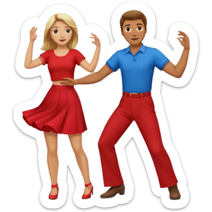 Two people dancing. Man in red shirt and  red pants with brown hair. Women in blue shirt and long skirt with blond hair. Dancing. sticker