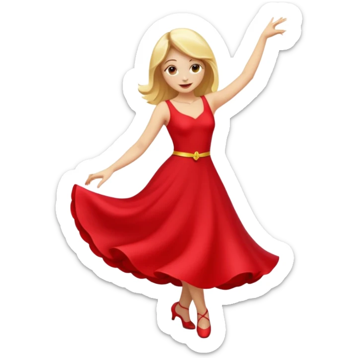 a yellow-blonde woman dancing wearing a red dress, in flat emoji / Apple style, smooth shapes, glossy highlights, bright saturated colors, simple features, minimal details, no outlines, red clothes flowing, joyful pose sticker