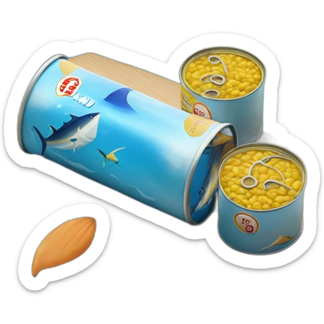realistic can of tuna fish sowing the blue shape of a sailling boat on a sea background sticker
