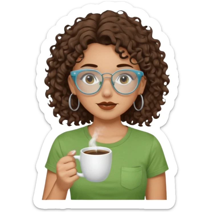 White girl with dark brown curly hair, brown eyes, sky blue glasses, nose piercing septum, green t shirt, drinking coffee from a cup sticker