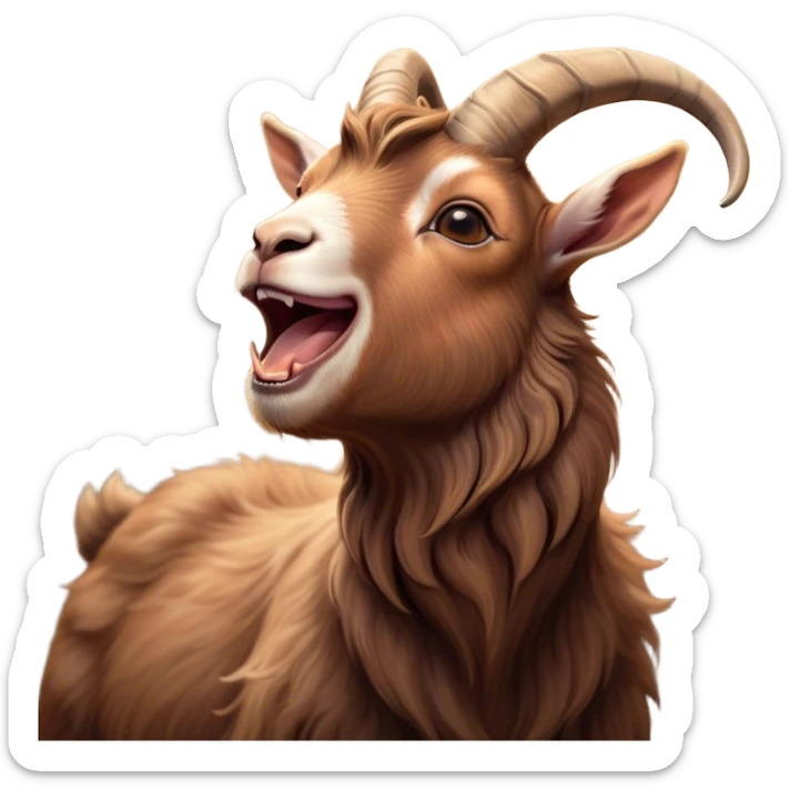 Cinematic Cute Yawning Brown Goat Portrait Emoji, Head tilted slightly with a dramatic, wide-open yawn, showcasing a soft, downy brown fur with delicate horns and gently drooping ears, round eyes barely open in drowsy contentment, Simplified yet irresistibly adorable features, highly detailed, glowing with a soft, cozy glow, high shine, relaxed yet expressive, stylized with a touch of rustic whimsy, bright and endearing, soft glowing outline, capturing the essence of a sleepy yet affectionate goat, so drowsy it feels like it could stretch out of the screen and curl up for a nap! sticker