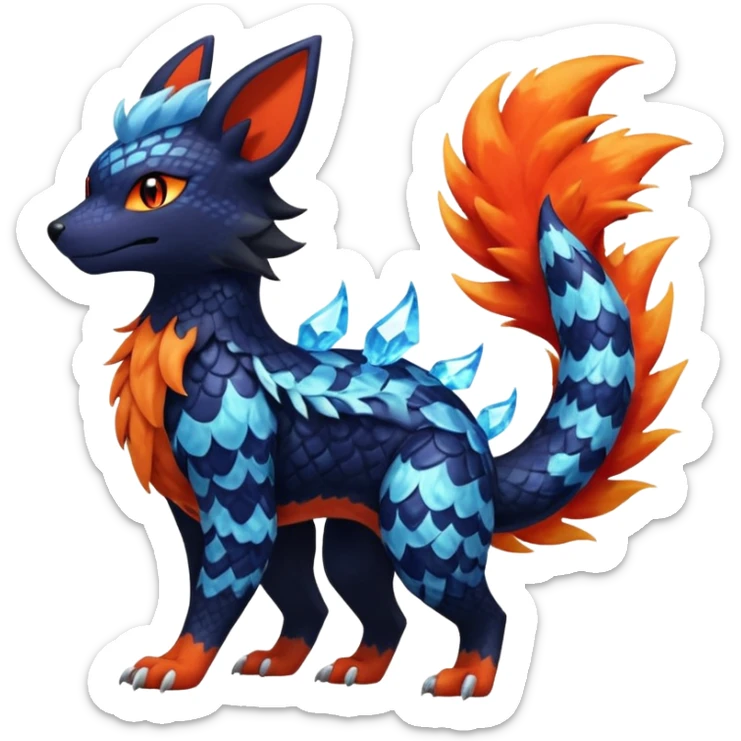 
Canine-Litten-Amaura-Salandit-Noibat-Flareon-Fakémon-fusion (full body) with intricate pattern markings sticker