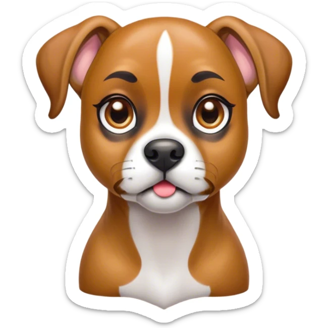 Cinematic Cute Fawn Boxer Dog Portrait Emoji, Head tilted playfully and inquisitively, with a glossy fawn coat highlighted by a white muzzle and chest, round, sparkling brown eyes filled with curiosity, Simplified yet irresistibly adorable features, highly detailed, glowing with a warm, friendly glow, high shine, affectionate and lively, stylized with a touch of whimsy, bright and endearing, soft glowing outline, capturing the essence of a mischievous yet loving pup, so playful it feels like it could bound out of the screen and into your arms! sticker