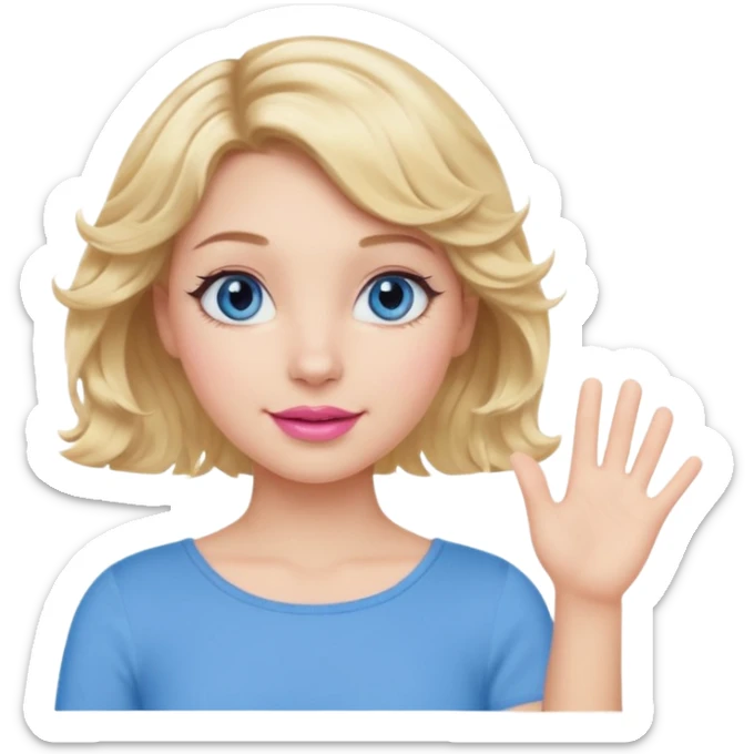Girl Blonde short wavy hair,  blue eyes, cute blue top, long lashes, pink lips, waving hello  sticker