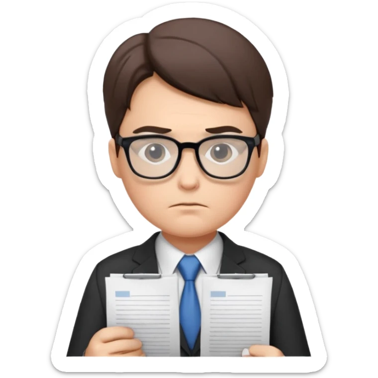 Frowns with Glasses, Office Boss: Business outfit, holding papers, frowning behind glasses, serious look
 sticker