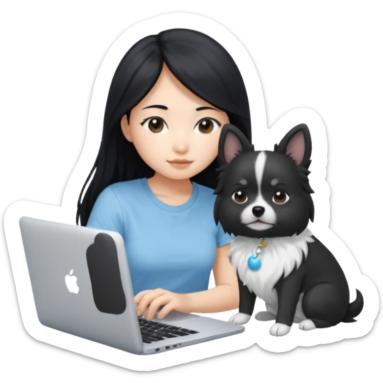 Asian girl with long black hair, wearing a light blue t-shirt, working on an Apple laptop, beside a small black and white dog sticker