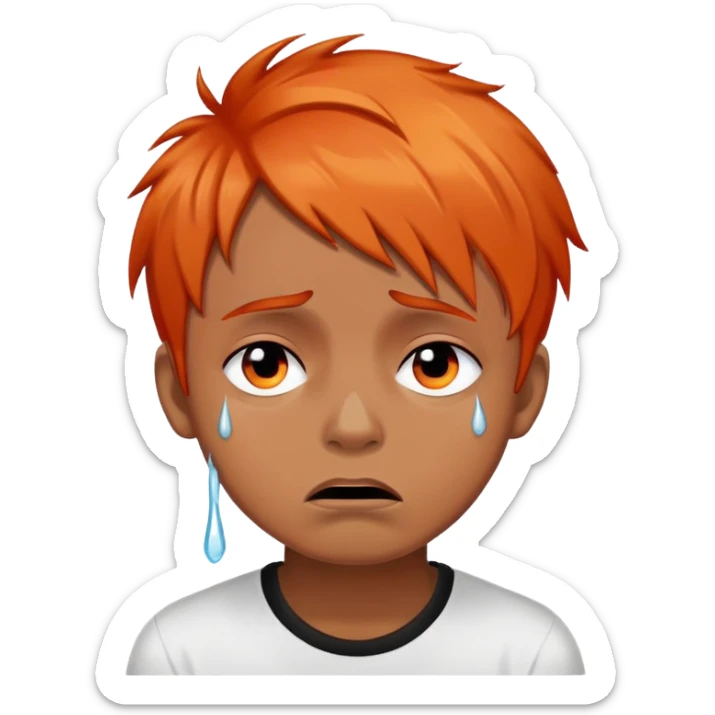 brownskin boy with emo orange hair, red and black eyes, crying white tears, more dramatic tears sticker