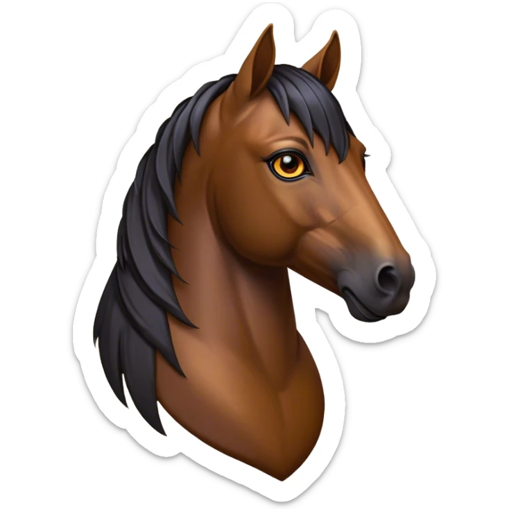Cinematic Noble Bay Horse Portrait Emoji, Poised and regal, with a strong, athletic build and a rich, well-groomed bay fur accented by a dark mane and tail, deep-set soulful amber eyes, Simplified yet sharp and sophisticated features, highly detailed, glowing with a warm, dignified glow, high shine, intelligent and majestic, stylized with an air of equine elegance, focused and attentive, soft glowing outline, capturing the essence of a watchful and confident steed, so majestic it feels as though it could gallop out of the screen with effortless authority! sticker
