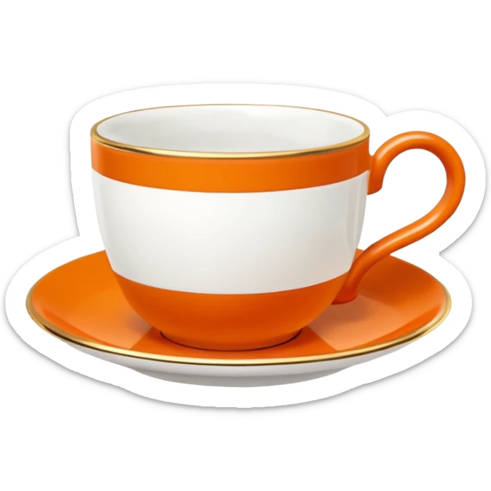 Hermès-style cup of tea, minimal, Hermès orange handle, gold rim, cute emoji style sticker