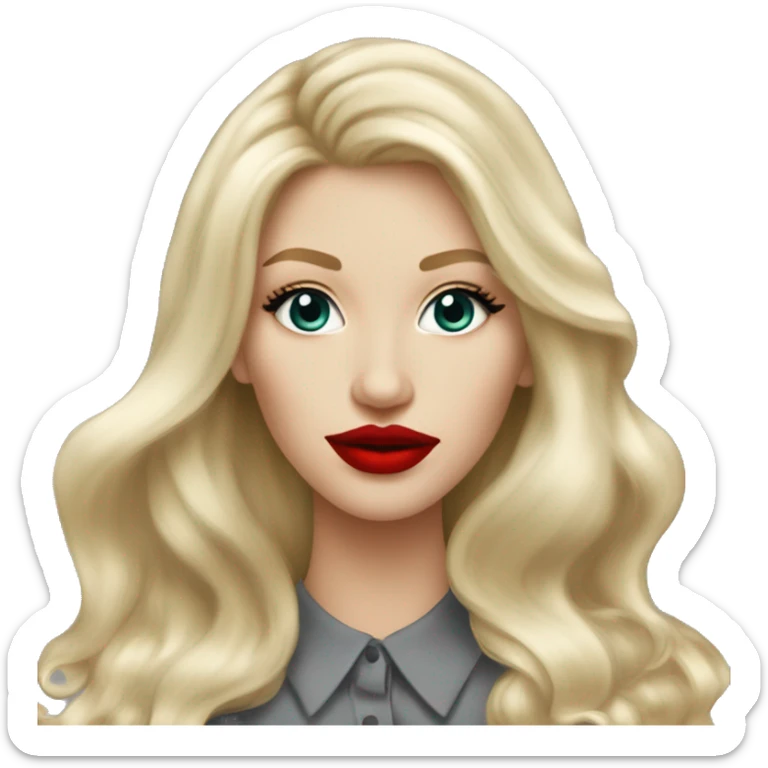 Russian Blonde long hair with big red lips small nose and black eyes Tiffany diamond seller in a grey suit sticker