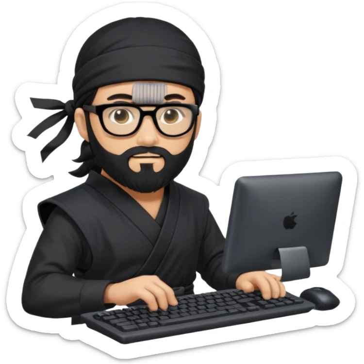 Man with black hair and beard wearing glasses in a ninja costume. Keep the top left version, make the beard longer and replace the sword on his back with a computer keyboard  sticker