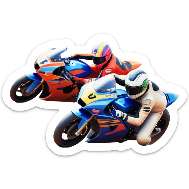 A sleek racing car and motorcycle speeding on a track, leaving a trail of dust behind. The scene captures the thrill of high-speed competition, with blurred motion and vibrant colors, highlighting the dynamic energy of motorsport. sticker