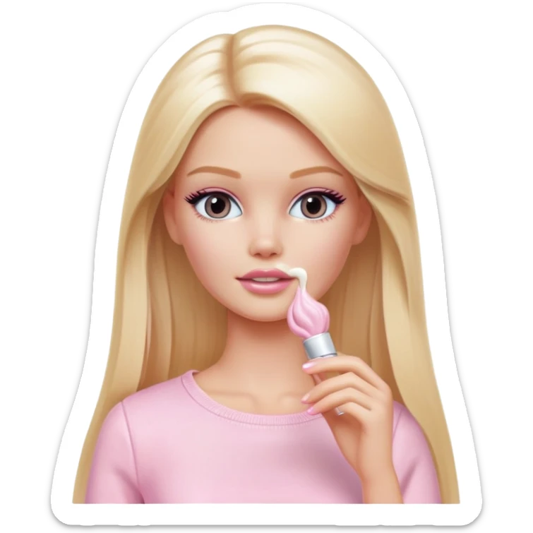 A white Barbie girl with long blonde straight hair in pale pink clothes smears cream on her face sticker