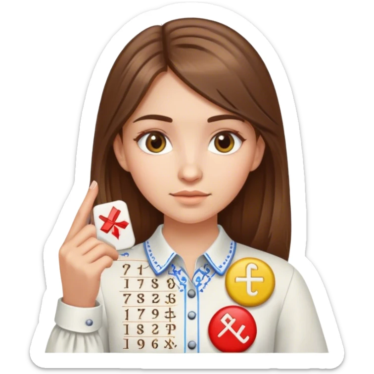 A Ukrainian girl with brown hair wearing an embroidered shirt holds mathematical symbols in her hand sticker
