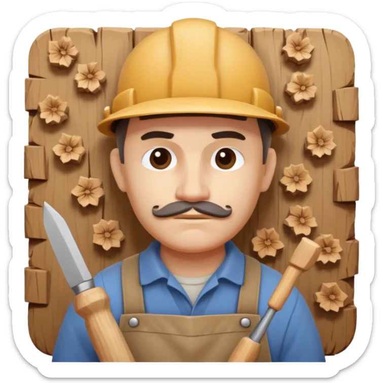 wood carving carpenter portrait, head and shoulders only, carving wooden figure with chisel, wood shavings visible, focused craftsman expression, artisan workshop vibe, 3D cartoon style, mobile game icon style, clean background, no text, no watermark
 sticker