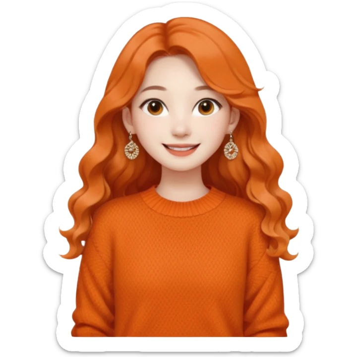 Korean 24-year-old female online shopping mall seller / Orange knit / White face / Earrings / Smiling expression / Long wavy hair / Influencer vibe / Fashionable sticker