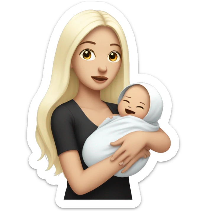 Pale girl with long black hair is holding a pale newborn baby sticker