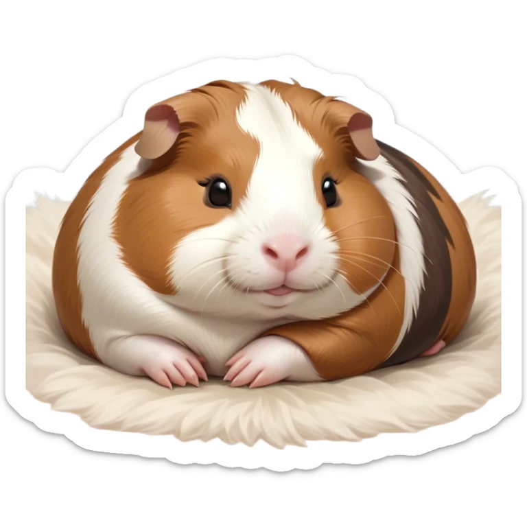 Meme-Worthy Cute Sleeping Brown and White Banded Guinea Pig Portrait Emoji, Head resting peacefully with a contented smile, showcasing a delightfully chubby build and a luxuriously soft banded fur of brown and white, eyes shut in a serene, cozy nap, Simplified yet hilariously adorable features, highly detailed, glowing with a soft, drowsy light, high shine, relaxed and utterly lovable, stylized with an air of playful laziness, bright and heartwarming, soft glowing outline, capturing the essence of a comically sleepy guinea pig, so meme-worthy it feels like it could instantly become the next viral sensation of adorable slumber! sticker
