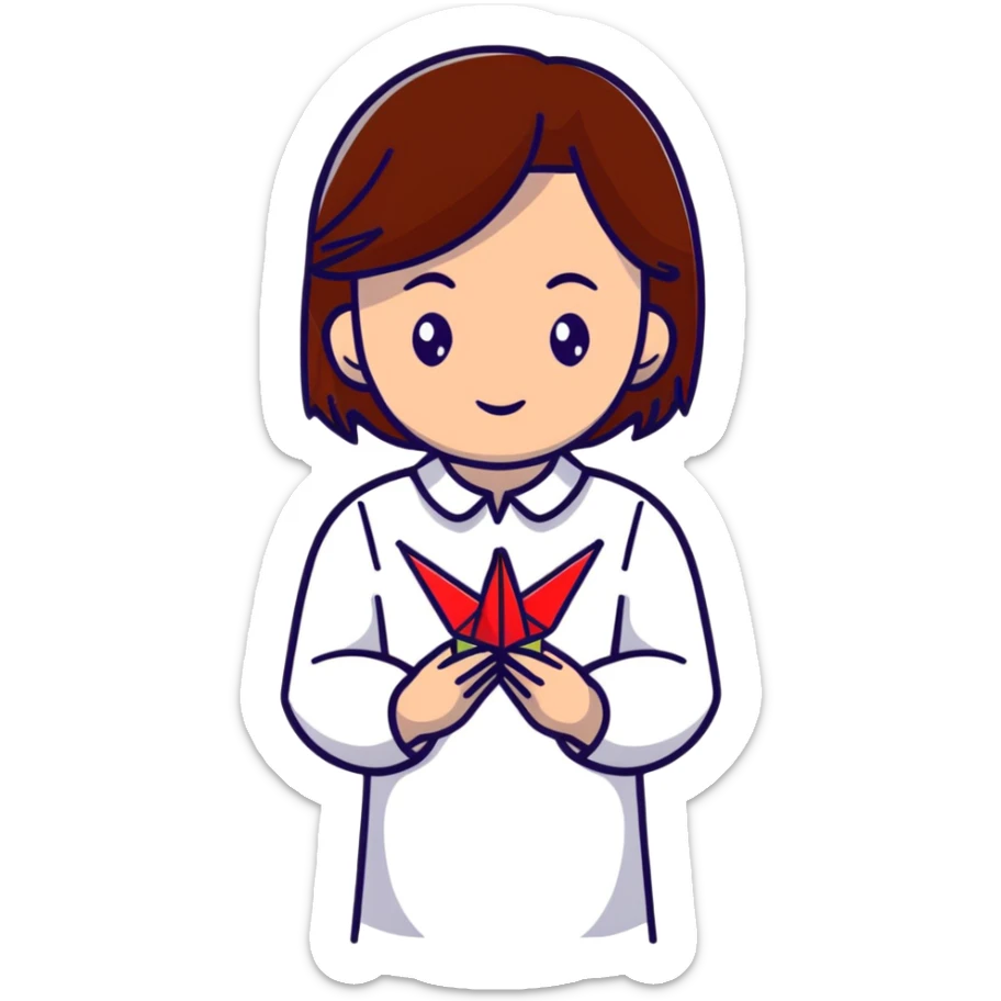 Ukrainian young girl with brown hair wearing an embroidered shirt holds an origami red crane sticker