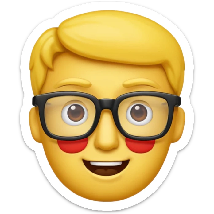 Créer un emoji nerd le perso doit être une tête basique d'emoji jaune avec une grosse paire de lunettes rectangulaires noires 3 boutons sur chaque joue et une dent qui dépasse  sticker