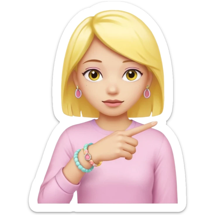 Hand pointin down yellow skin color with pastel bracelets on wrist and cute pink rin sticker