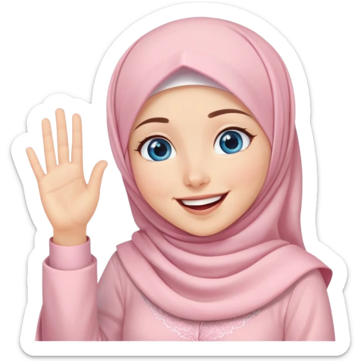 Turkish beautiful finish Konya girl blue eyes with light pink lovely hijab islamic dress and she laugh and wave one's hand sticker