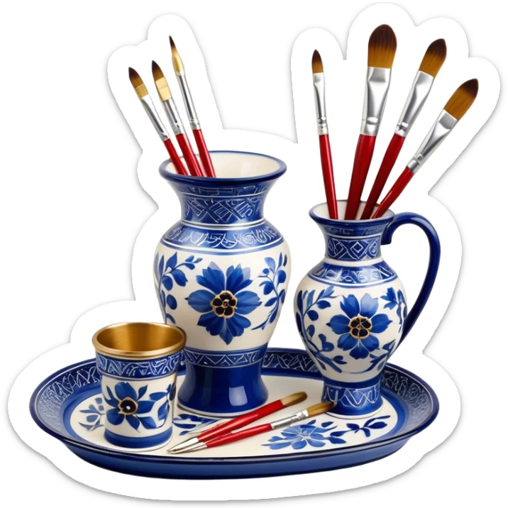 Metal painting icon, a metal vase, tray and metal cup with brushes, each decorated with different techniques: Gzhel-style blue floral patterns, Chinese red and gold designs, and intricate Golden embroidery-style details. Visible fine paintbrush, paint pots, and accessories like porcelain palette, minimalistic style, clean lines, transparent background. sticker