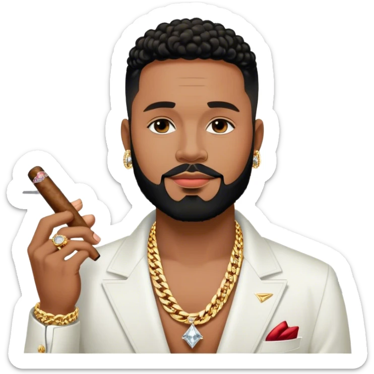 portrait of a Josh king Madrid in black with a gold private plane behind him . Wearing big sparkly diamond earrings and diamond chains on with a cigar in his mouth. Light black clean perfect lined up thin-beard . Looks unfazed cool sticker