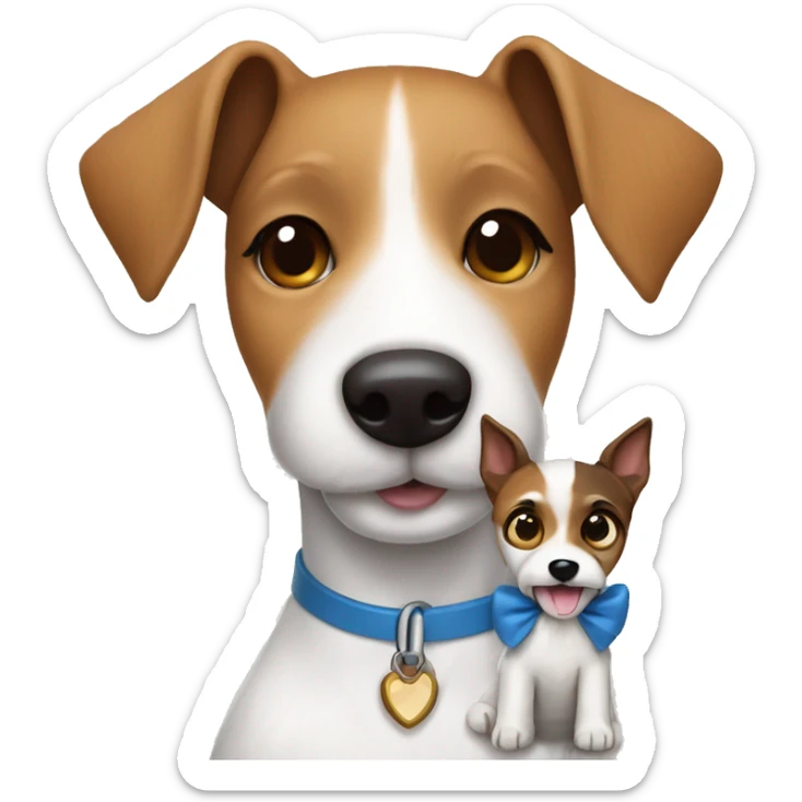 Fox Terrier smooth-haired dog with a toy in the arms of a girl with brown hair and blue eyes sticker