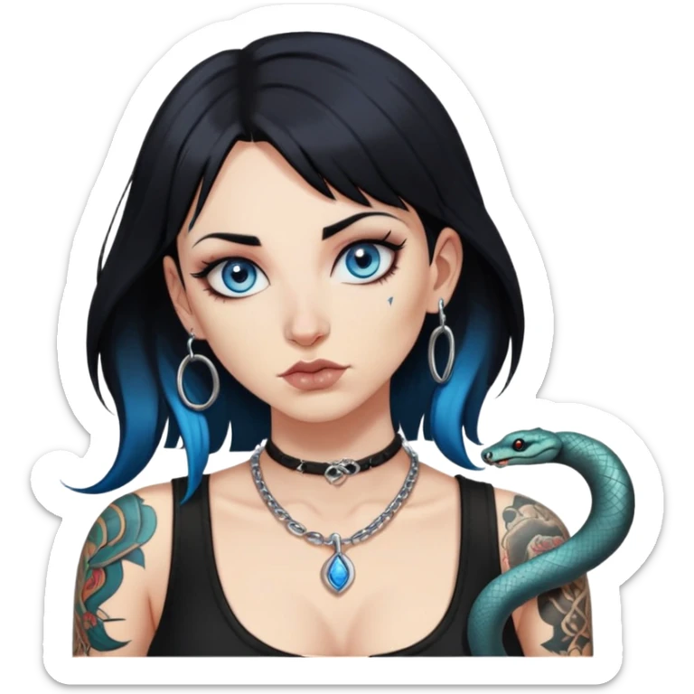 Caucasian Girl with black hair, side bangs, blue eyes, septum and nostril piercing, eyebrow piercing, snake bites piercing, anti eyebrow piercing, black low cut shirt, big breasts, silver necklace, tattoos sticker