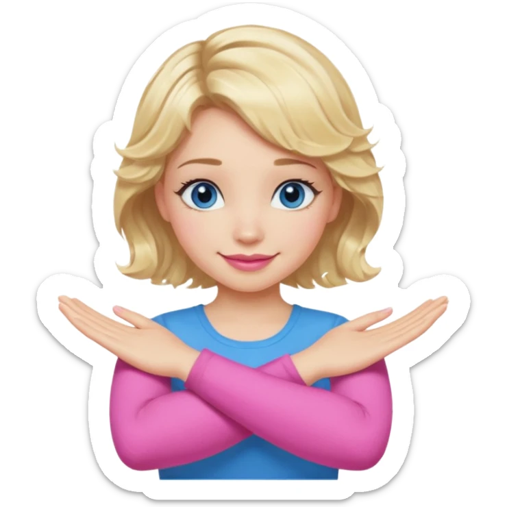 Girl Blonde short wavy hair,  blue eyes, cute blue top, long lashes, pink lips, smiling, making cross arms with arms  sticker
