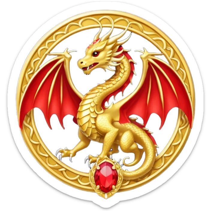 Golden Dragon with golden wings golden crest/brosch in a golden circle with red gems sticker