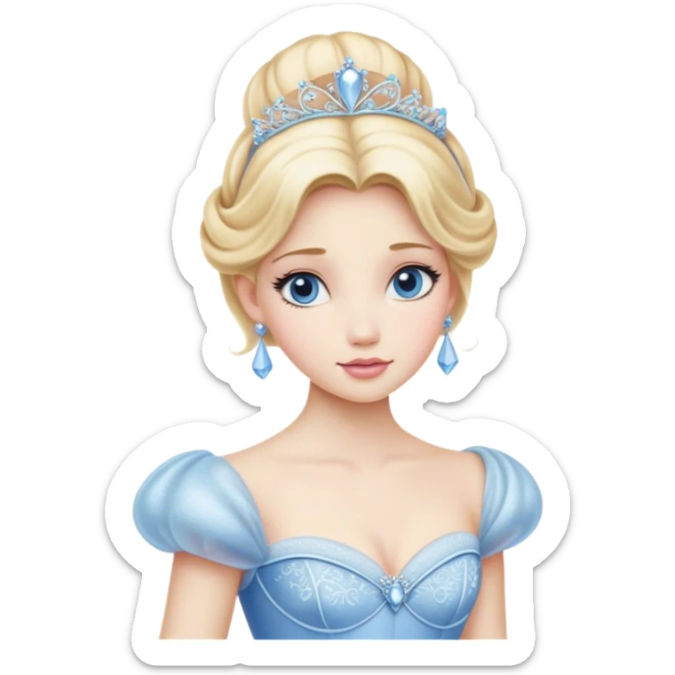 Cinematic Realistic Cinderella Portrait, depicted with lifelike porcelain skin, elegantly styled blonde hair, and a serene, graceful expression. Dressed in her classic ball gown with intricately detailed fabric textures and delicate pastel hues that catch soft, natural lighting, this portrait captures the timeless beauty of a fairy tale princess. sticker