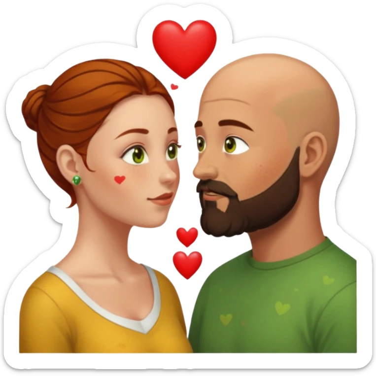 Couple. Bald man with dark brown-black beard. Woman with freckles, white skin and she has auburn-yellow-brown-hair. She has light yellow-green-brown eyes. He have hazel eyes. They look at each other. Many small red hearts around them. sticker