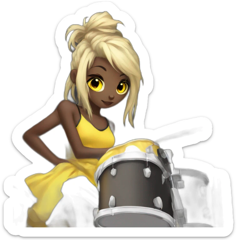 cute punk girl in yellow dress dark skin with yellow eyes and dark curvy hairs drummer anime style sticker